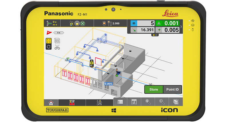 Kartenansicht der CAD und BIM-Entwurfsdaten im IFC-Format in der Leica iCON build Software und Absteckung einer Linie innerhalb der Toleranz.